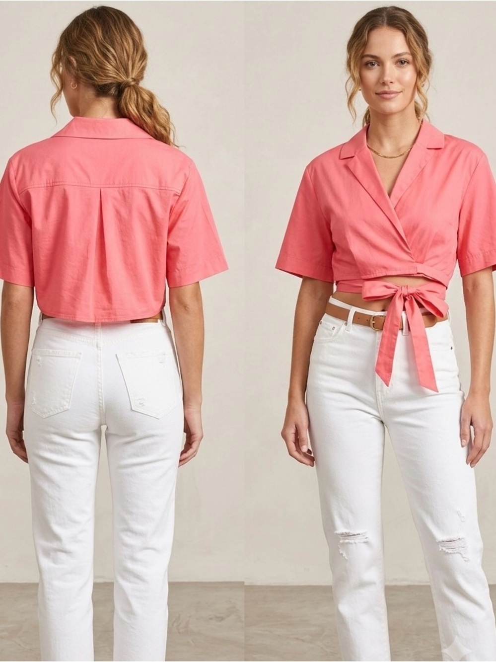 Self Esteem Coral Tie-Front Cropped Button Down
